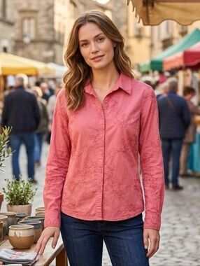 Denim & Co Women's Boho Western Pink Floral Embroidered Button Down Shirt Size S